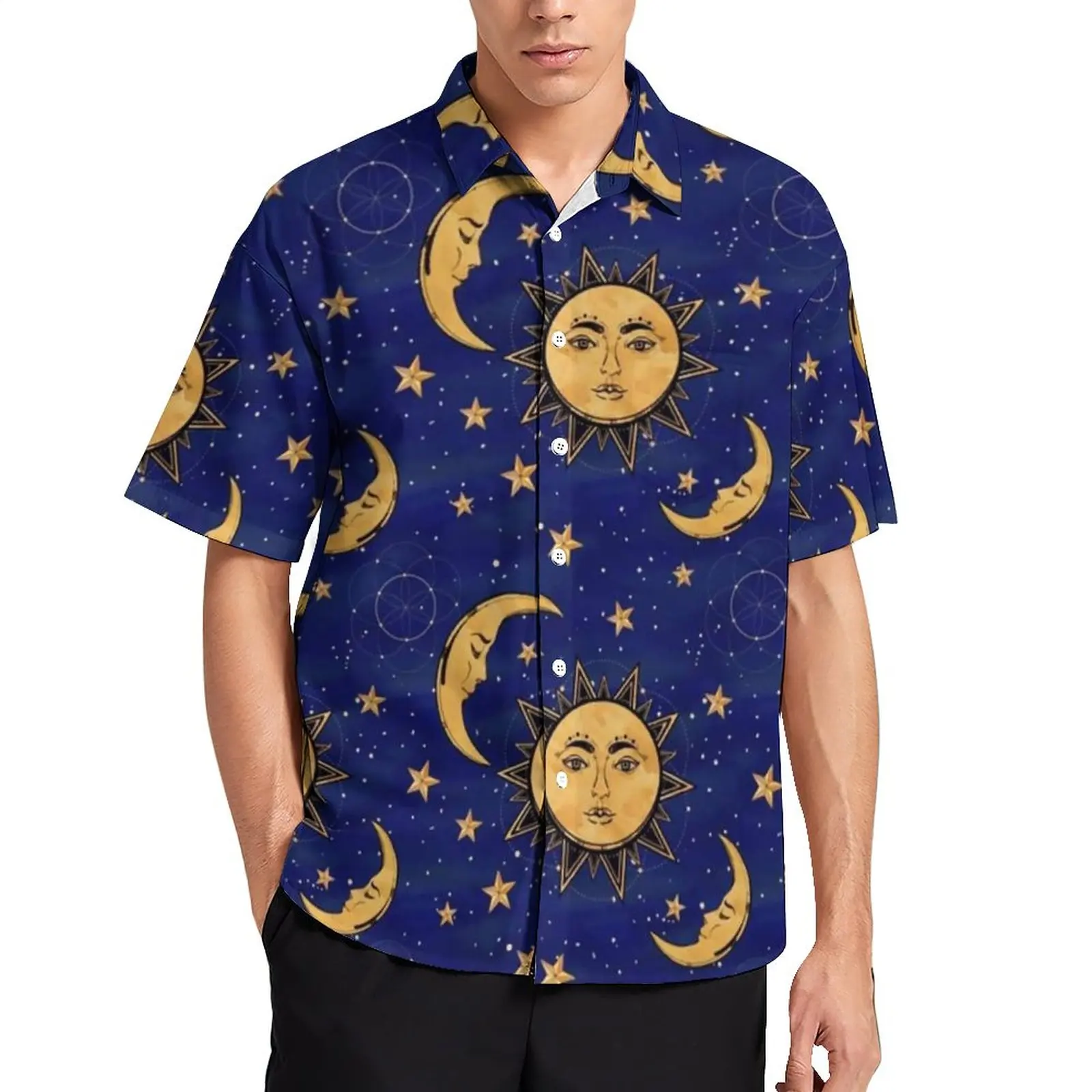 

Vintage Sun Blouses Male Moon And Stars Celestial Casual Shirts Summer Short Sleeve Trendy Oversize Beach Shirt Birthday Present