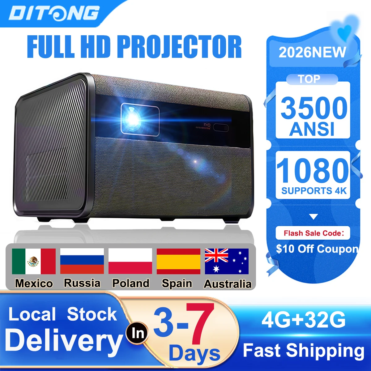 Фото Проектор DITONG 3500 ANSI люмен Full HD для 4K видео и фильмов, Android TV, домашний кинотеатр, 32 ГБ, Wi-Fi 6, автофокус, Smart TV, проекторы Beam №1