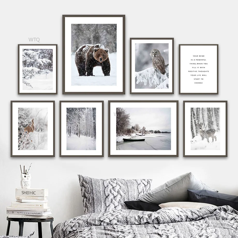 Медведь Сова Олень Снежное озеро Джунгли Животные Художественная картина на холсте Постеры и печати в скандинавском стиле Картины для декора гостиной.