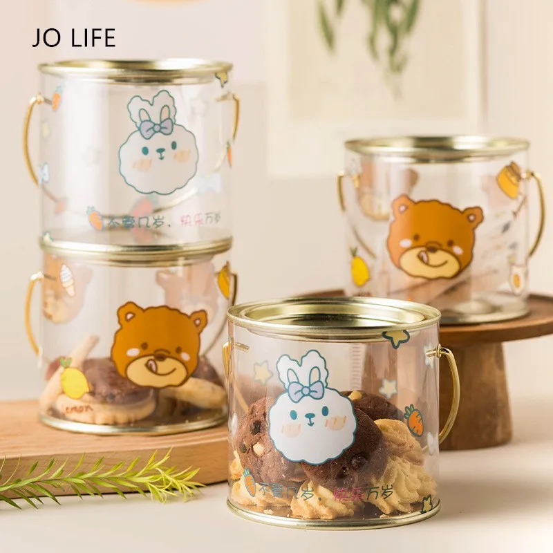 

JO LIFE Transparent Cartoon Cookie Box Baking Packaging Bucket Biscuit Wrapping Basket With Golden Handle