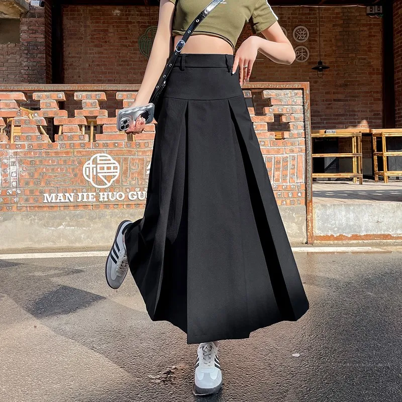 

GUUZYUVIZ High Waist Pleated Long Skirt Women College Suit A-line Skirt