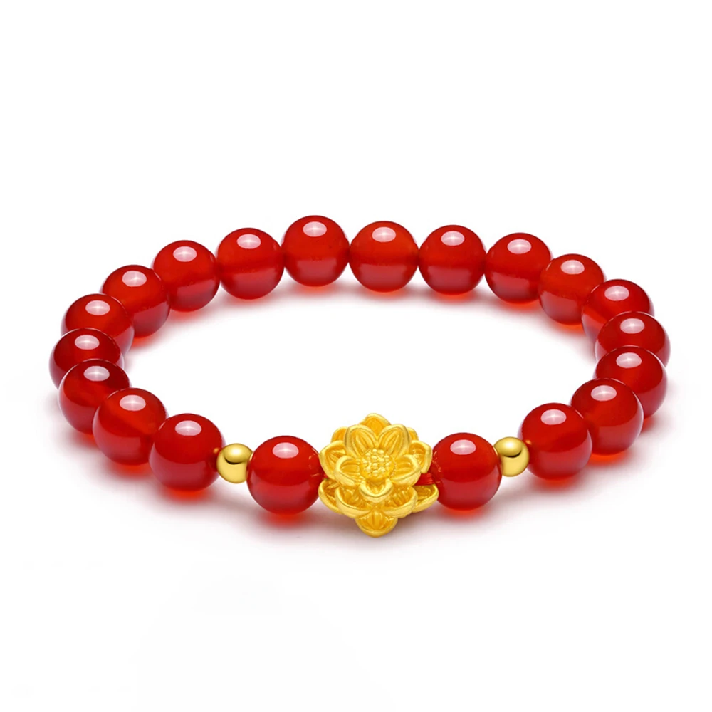 

New 999 Real 24K Yellow Gold 3D Lotus Flower with 8mmW Red Agate Beads Link Bracelet For Woman Gift