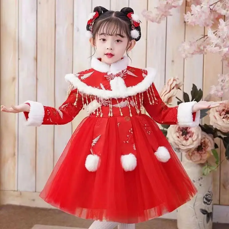 Новая красная китайская Новогодняя одежда женская зимняя ханьфу Детский костюм