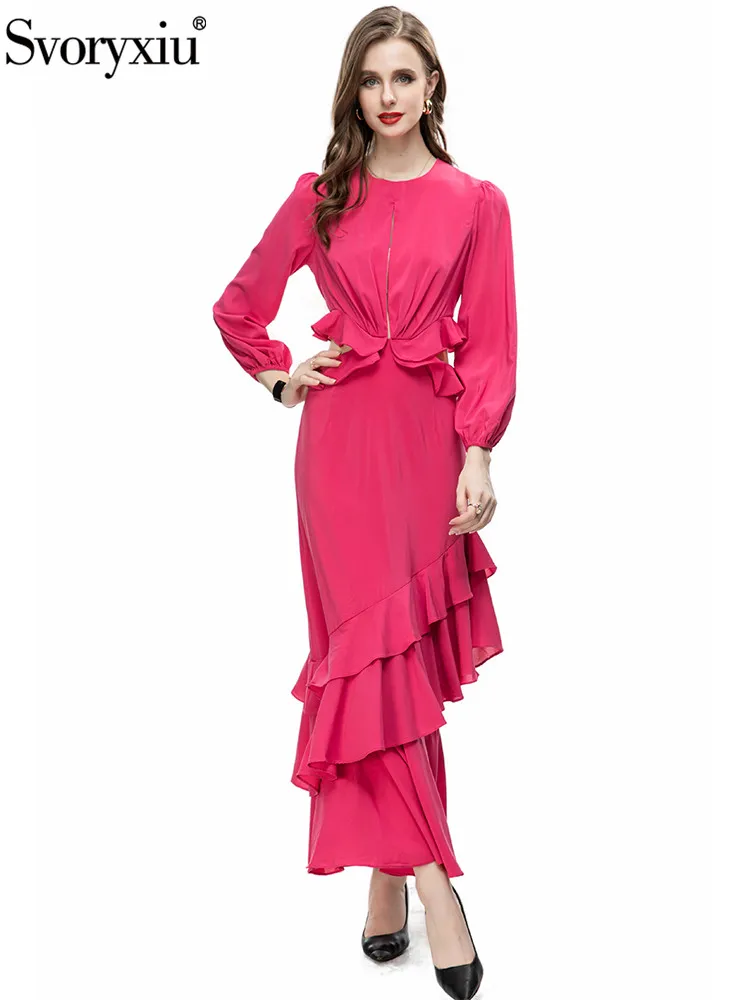 

Svoryxiu Runway Spring Vintage Rose Red Color Mermaid Ankle-Length Dress Women Lantern Sleeve Cascading Ruffle High Waist Dress