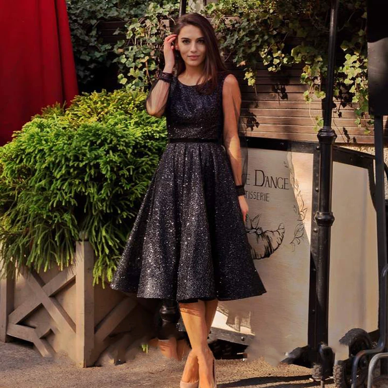 

vestidos de noche Black Sparkling Prom Evening Dresses Tulle Full Sleeve Tea Length A-Line Graduation Party robe soirée femme