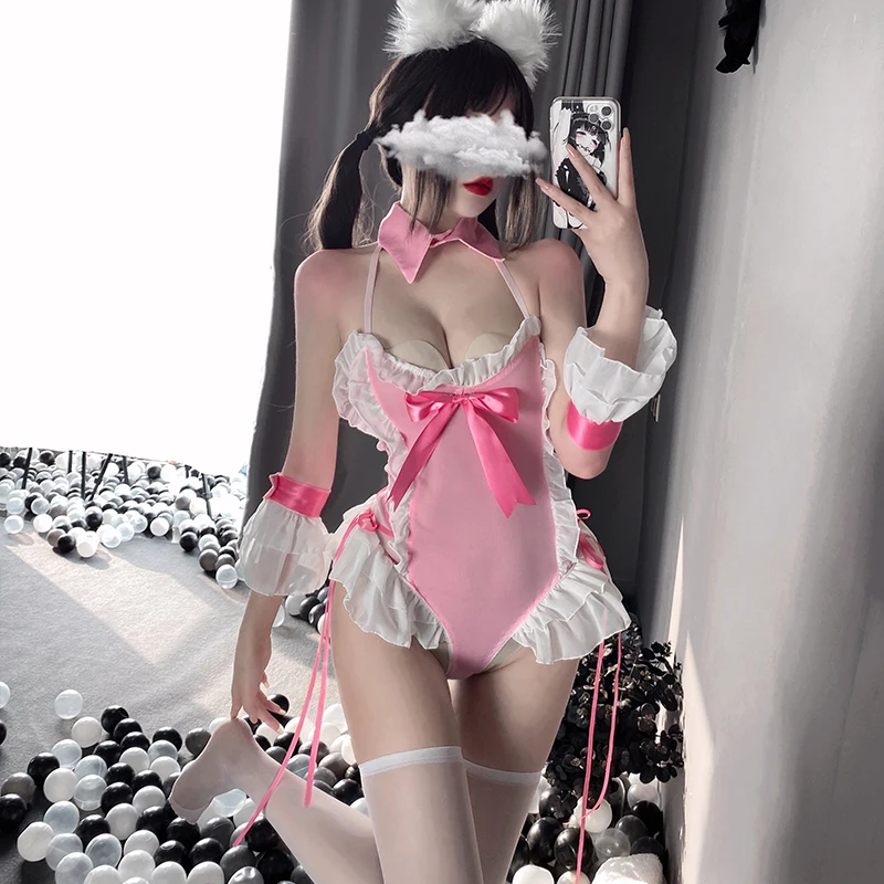 

Pink Bunny Girl Cosplay Women Sexy Lingerie Japanese Lolita Kawaii Anime Costume Cute Open Crotch Bodysuit Uniform Roleplay