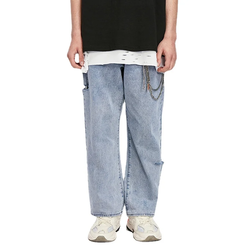 Mens Jeans Streetwear Fashion Student Youth Korean Loose Trend Hole Wide Leg Straight Jeans Mens  Baggy Jeans