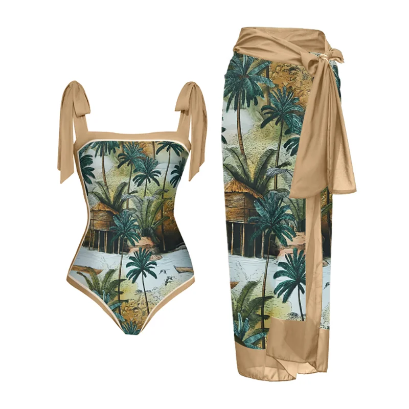 

2023 One Piece Swimsuit Fashion Leaf Print Bikinis Colorblock Lacing Up Vintage Bathing Suits Summer Beachwear Swimwear Slim New