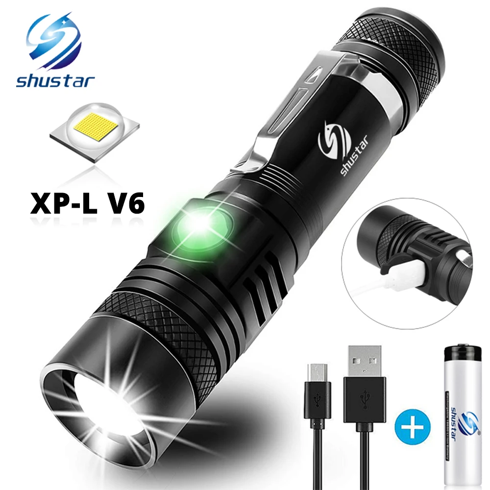 Linterna LED ultrabrillante con XP-L V6, lámpara LED ultrabrillante de XP-L V6, con cuentas, a prueba de agua con zoom, 4 modos de iluminación, carga USB multifunción