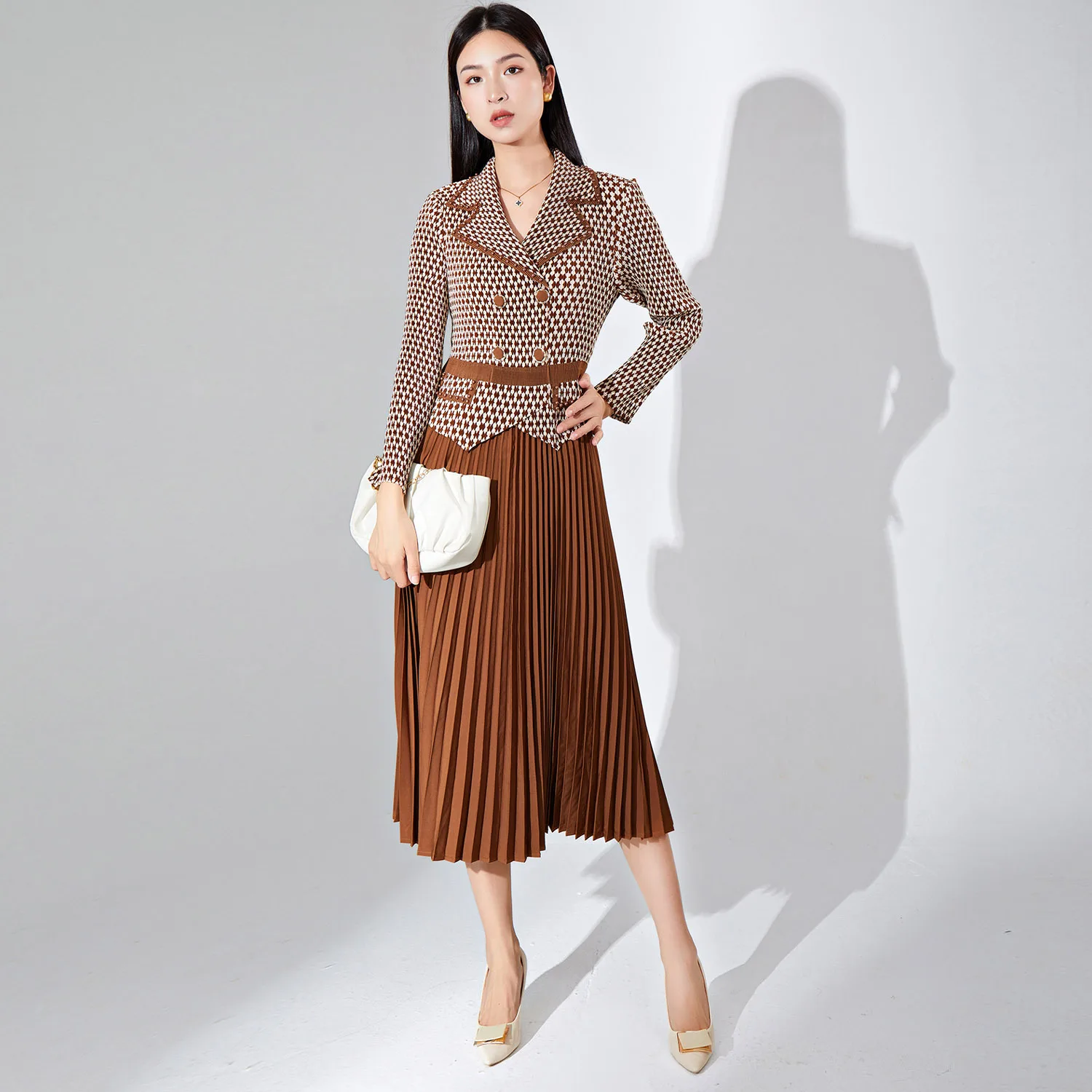 

Осень 2023, плиссированное платье с длинным рукавом, женское клетчатое ретро платье-трапеция с принтом