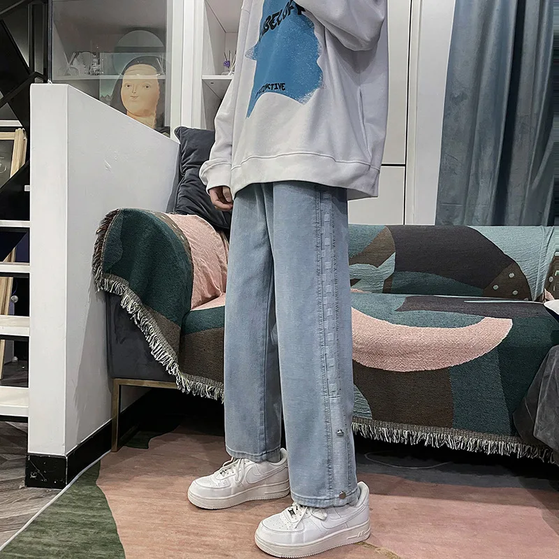 New High Street Solid Color Jeans Men's Loose Straight Leg Korean Style Trendy Stitching Wide-leg Pants джинсы для мужчин штаны