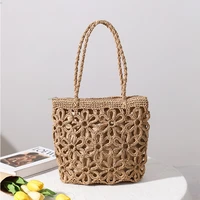 2022 casual hollow flower straw shoulder bags women paper woven ladies handbags summer beach tote bag bali shopper purses brown