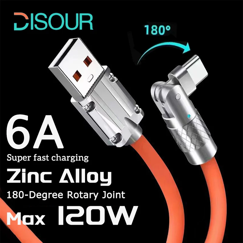 

Супербыстрый зарядный кабель 120 Вт 6 А, вращающийся на 180 градусов кабель для передачи данных USB Type-C, игровой силиконовый кабель для быстрой зарядки с передачей данных