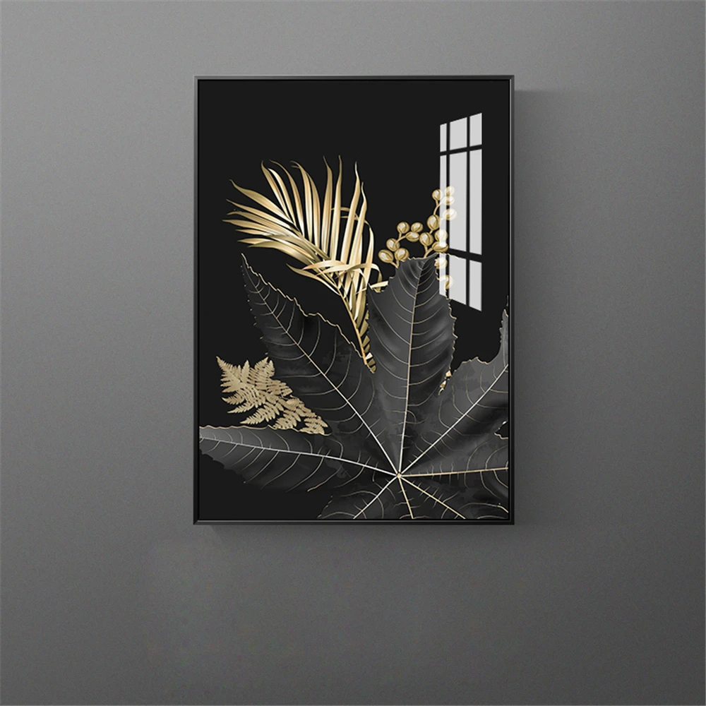 

Набор для алмазной вышивки «сделай сам», Алмазная мозаика с листьями из черных и золотых перьев в скандинавском стиле, домашний декор ручной работы