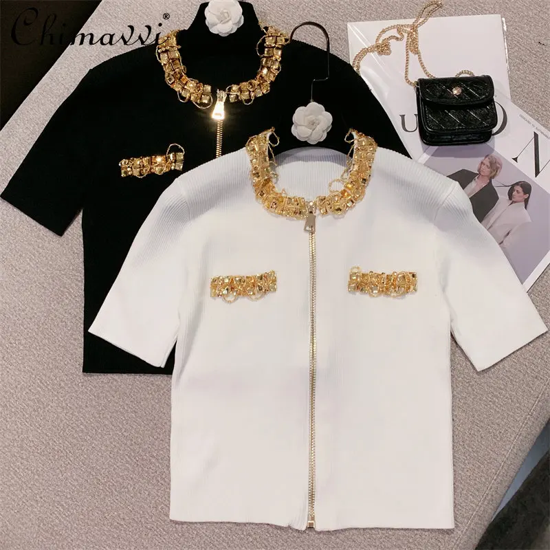 

Женский вязаный свитер на молнии, универсальный свитер с крупным швом и металлическими камнями, весна-лето 2023