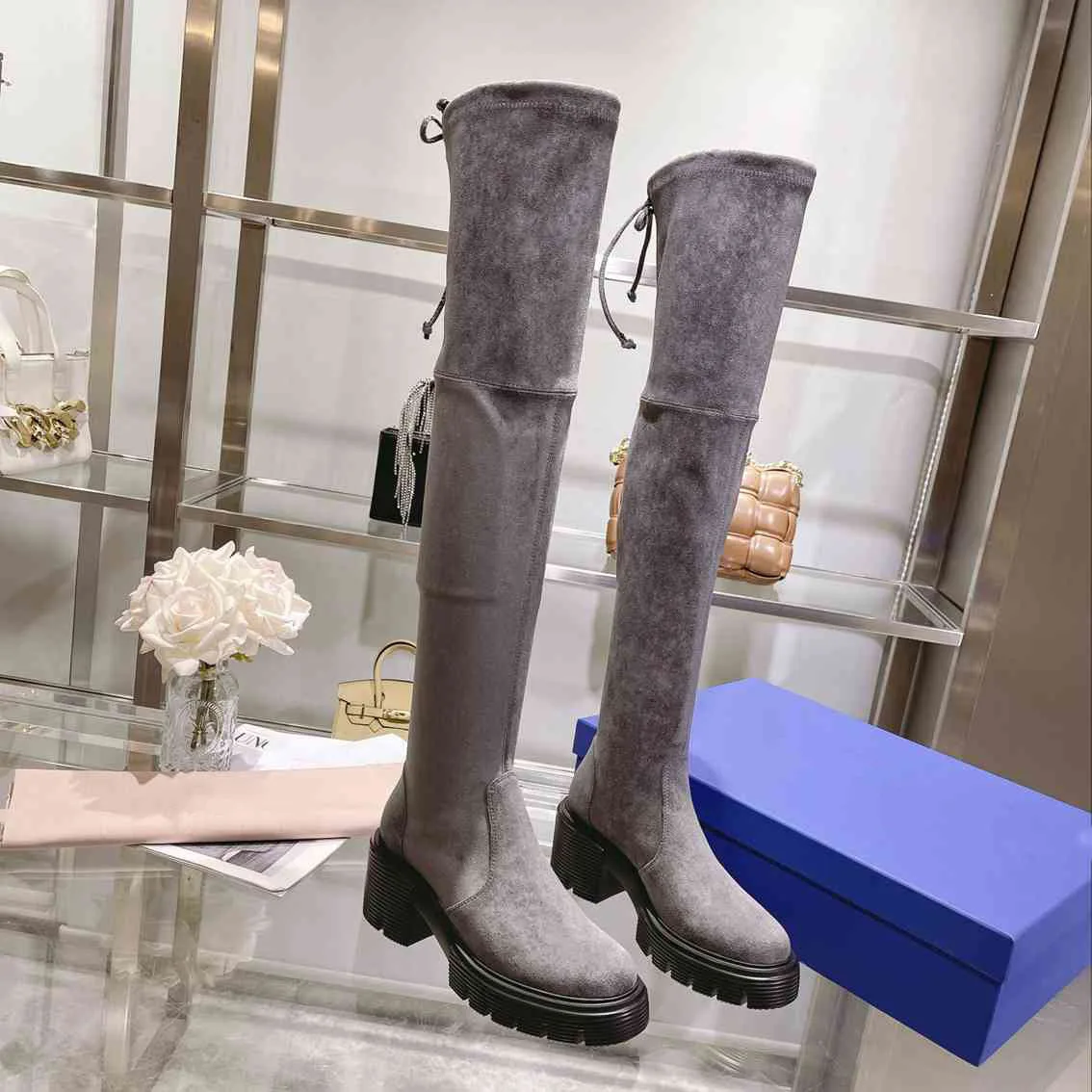 

New Arival Brand Designer Grooved Sole Sheep Kid Suede Thick 60mm Heel Women Over-the-knee High Boot GHSW5050