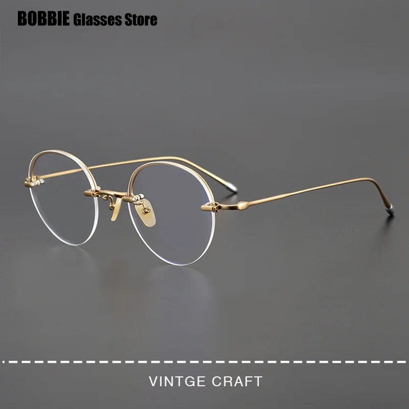 Japanese Handmade Ultra-light Pure Titanium Eyeglasses Half Rim Men Fashion Round Women Glasses Frame Myopia Anti Blue Light New