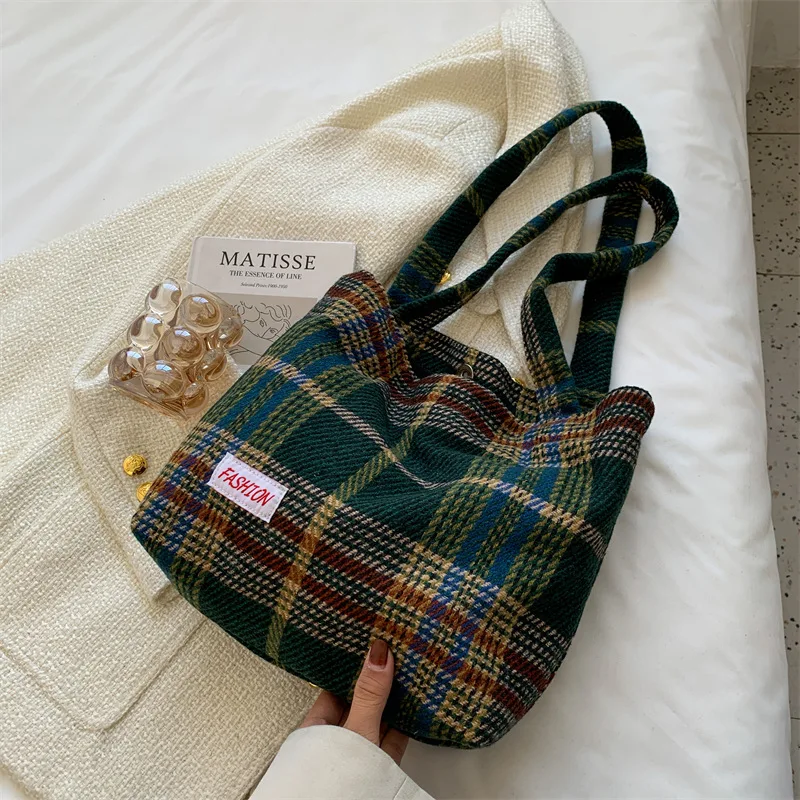 

Tote Women's Bag Shoulder Wool Shopper Bags For Women Large Capacity Autumn Winter New Soft Plaid Ladies Travel Designer Handbag