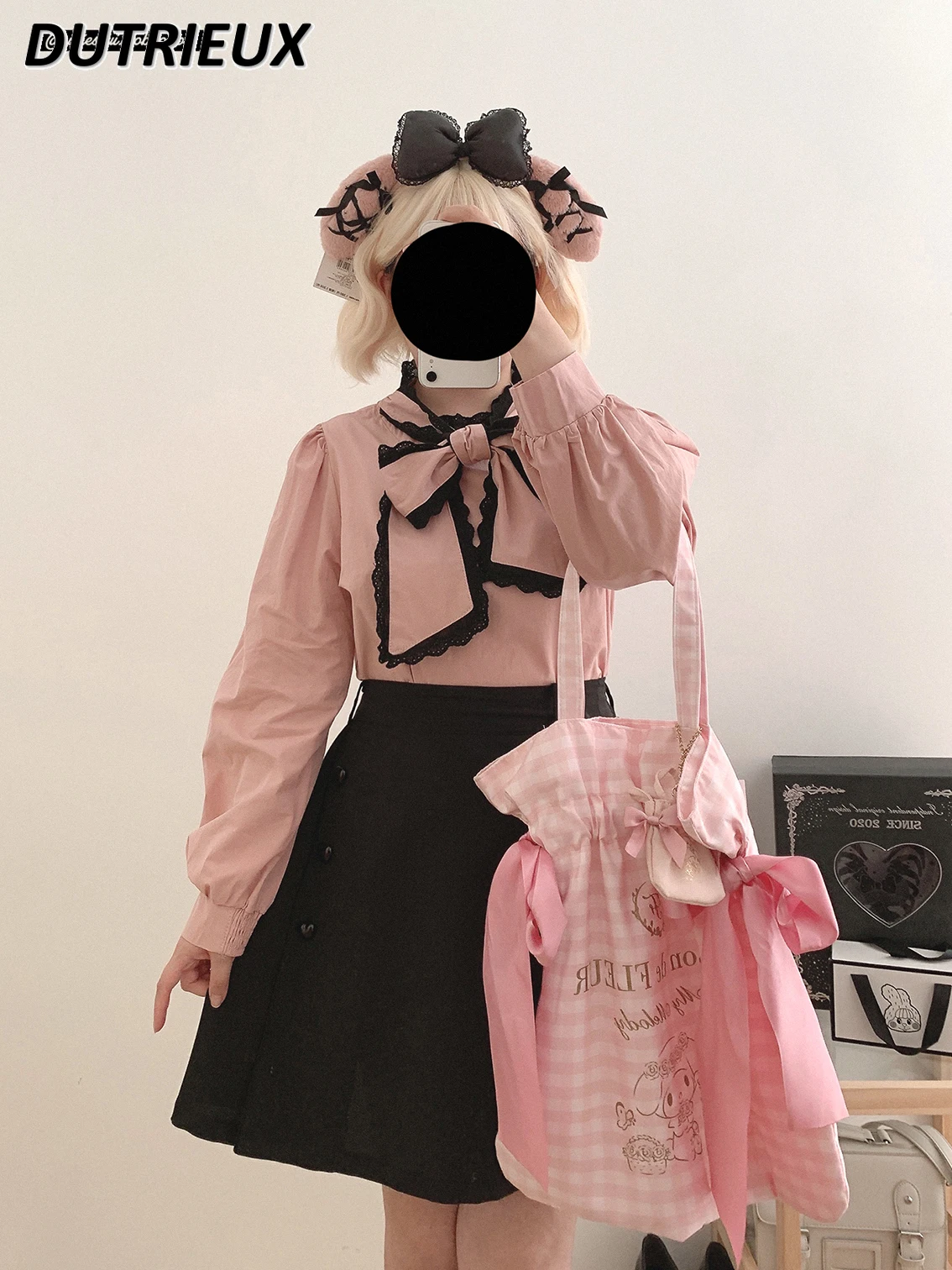 

Женская хлопковая блузка с длинным рукавом, Повседневная рубашка контрастных цветов в японском стиле с бантом и кружевом, в стиле ретро, весна-осень