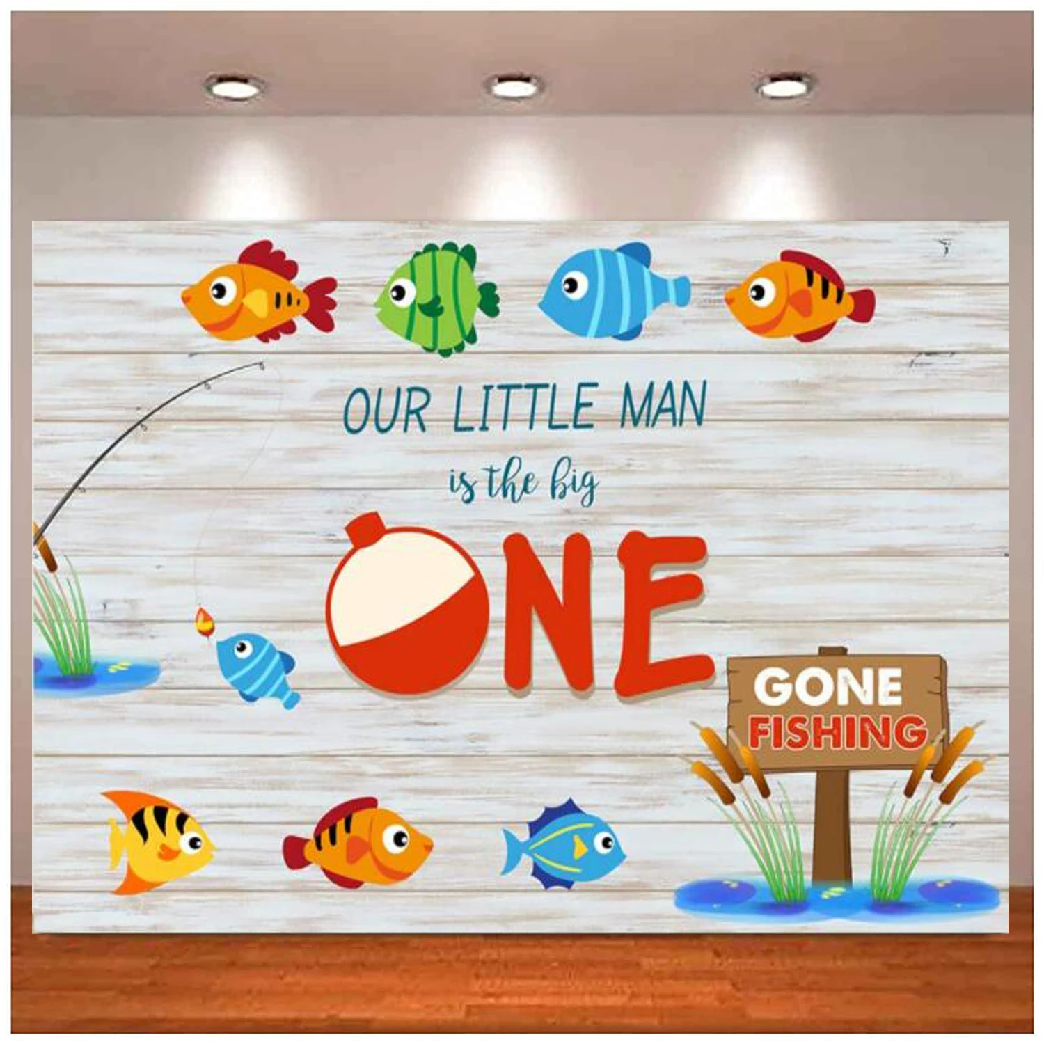 

Gone Fishing Themed Photography Backdrop For White Wood Background 1st Boy Birthday Party Banner Newborn Kids Photo Booth Props