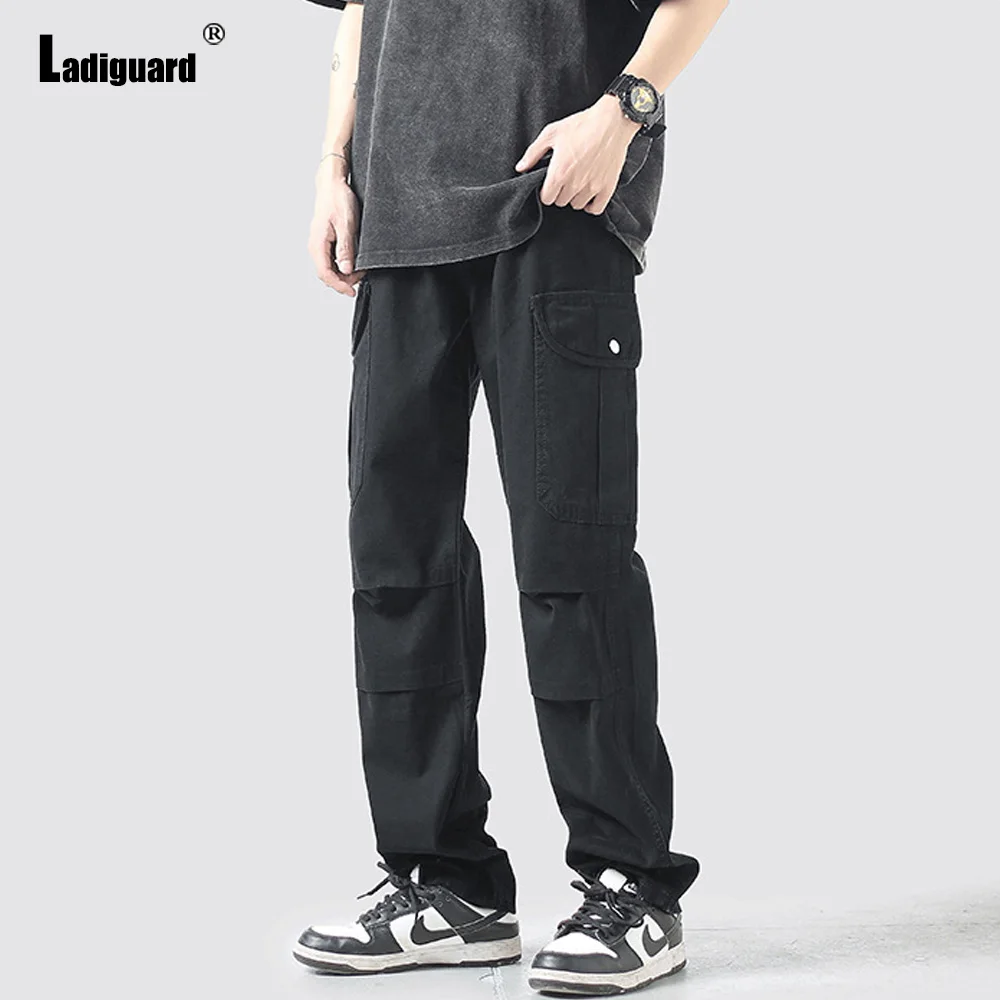 

Ladiguard Mens Straight Leg Pants 2023 New Spring Outdoor Casual Pants Korean Fashion Zipper Pocket Trouser Men Solid Cargo Pant