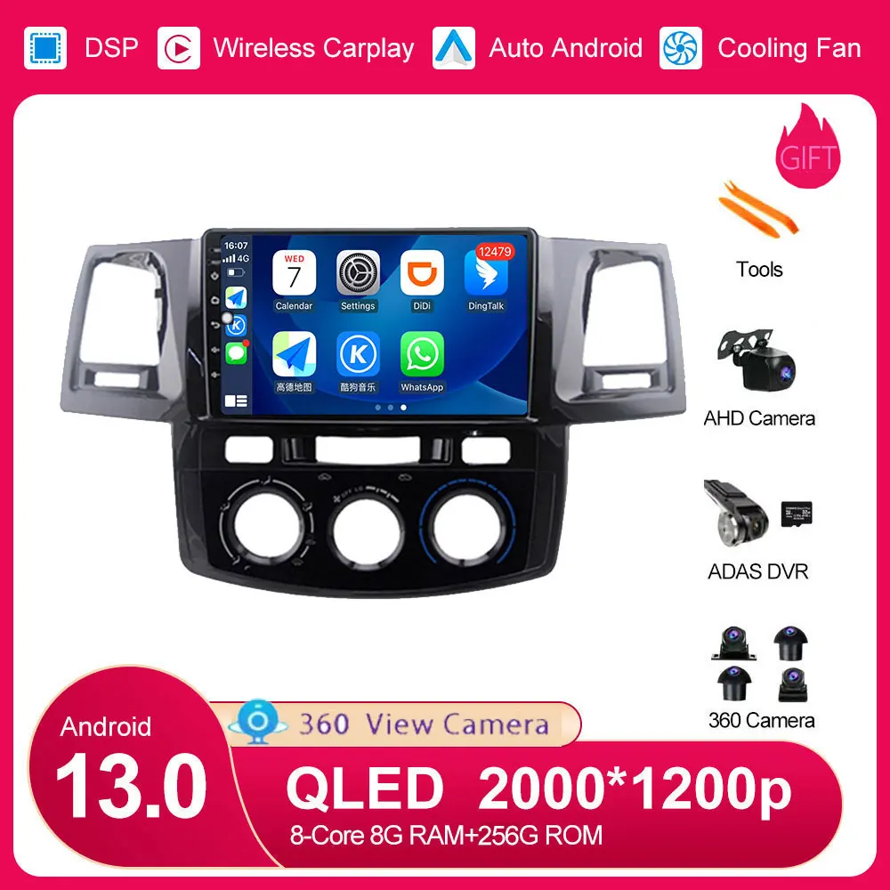 

Android 13 беспроводной Carplay для Toyota Fortuner Hilux 2005-2014 стереосистемы мультимедийный Bluetooth автомобильный радиоприемник видеонаблюдение GPS DSP