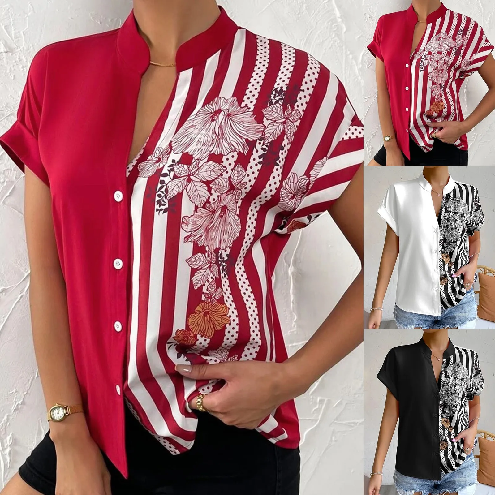 

Летняя новая трендовая женская блузка, Повседневная модная Лоскутная рубашка с принтом, Женская свободная универсальная уличная одежда с коротким рукавом, Топ