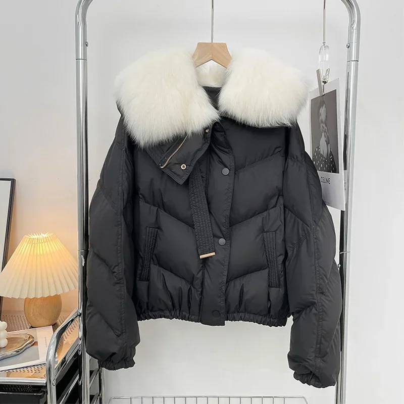 

Fashion 2023 New Winter Women 90% White Duck Down Jacket with Big Real Fox Fur Collar Female Short Warm Puffer Coat Loose Parka