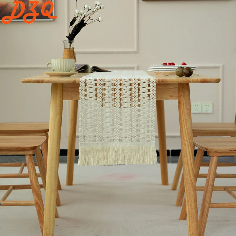 

Northern Europe Hollow Knitted Table Runner Tea Table Cloth Cotton and Linen Tassels Tablecloth TV Cabinet /Home Decoration B095