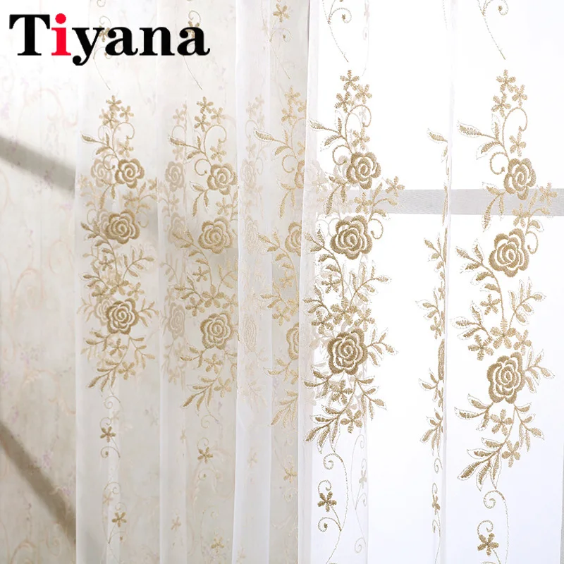 Europe Gold Luxury Sheer Curtains Kitchen Beige Tulle For Window Drapes Rose Embroidery Living Room Bedroom Decor Tulle Curtains