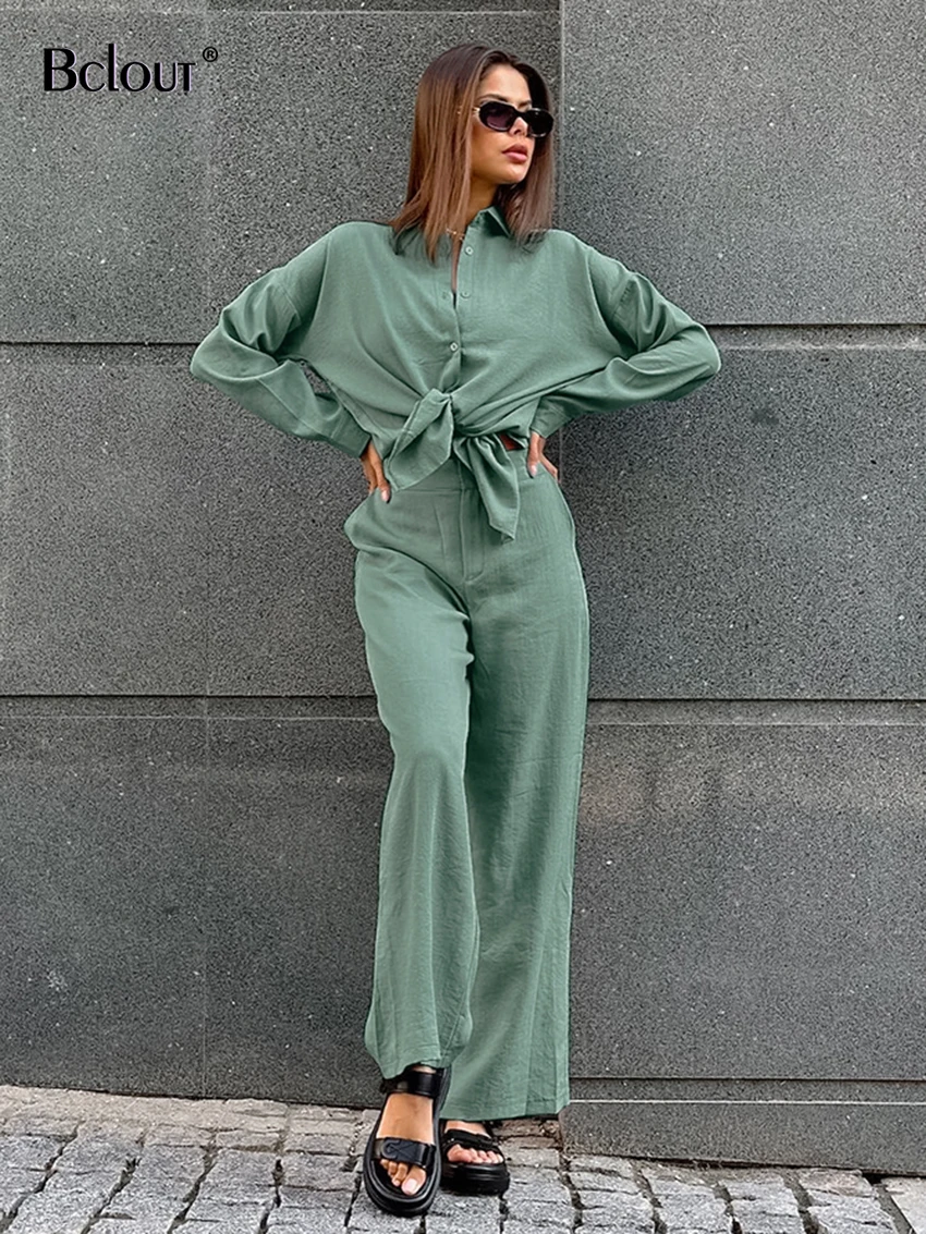 

Bclout Elegant Green Linen Pants Sets Women Two Pieces Fashion Cotton Long Sleeve Shirts Autumn Thin High Waist Long Pants Suits