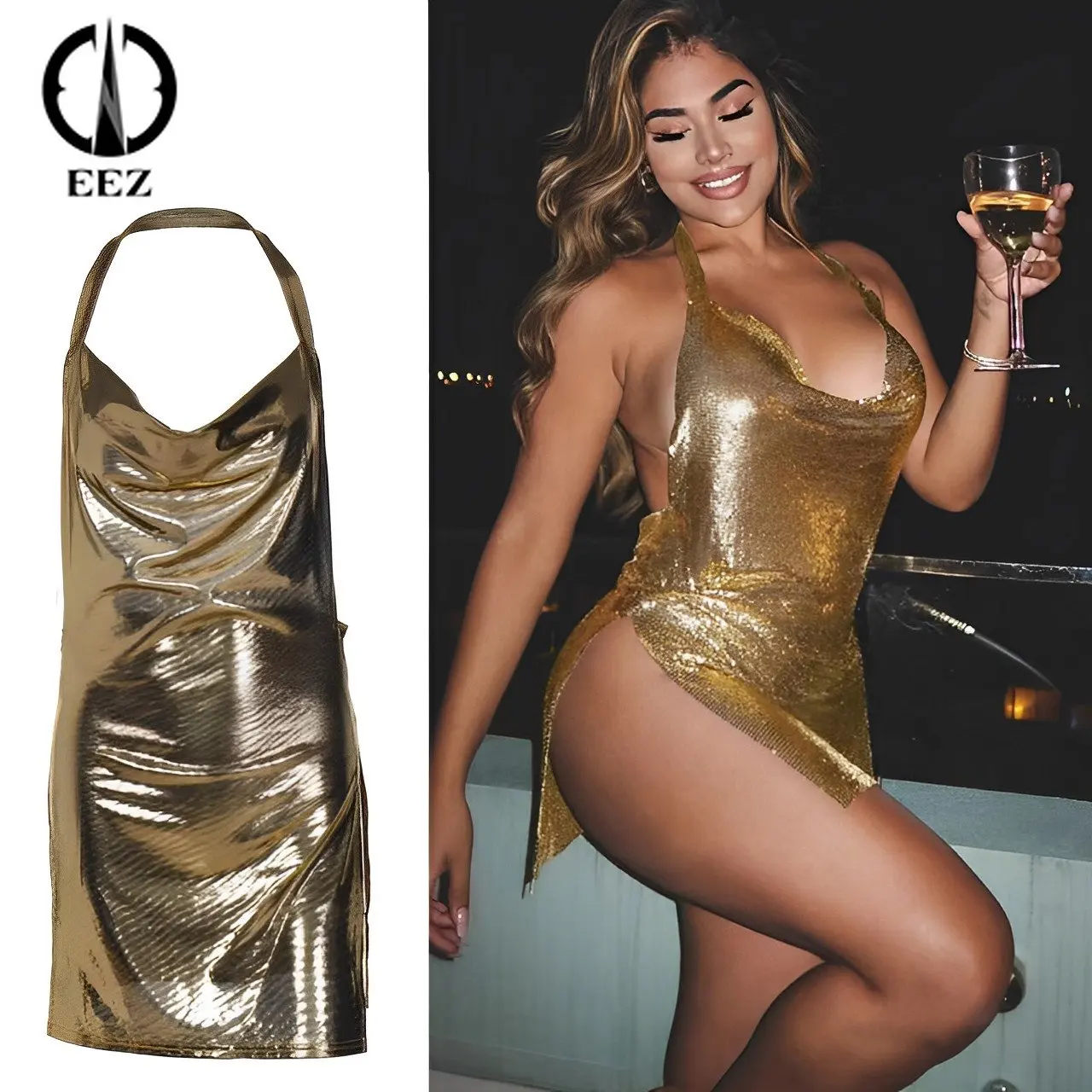 

Metallic Drape Front Sexy Split Mini Dresses Women Elegant V-neck Glitter Sequin Halter Backless Night Club Coquette Slim Dress