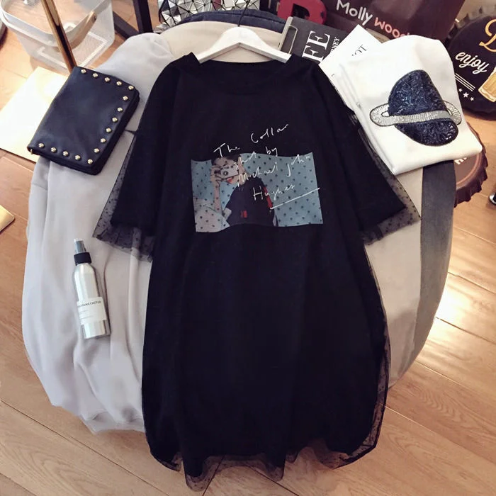 

Юбка-Футболка женская сетчатая средней длины с круглым вырезом и коротким рукавом