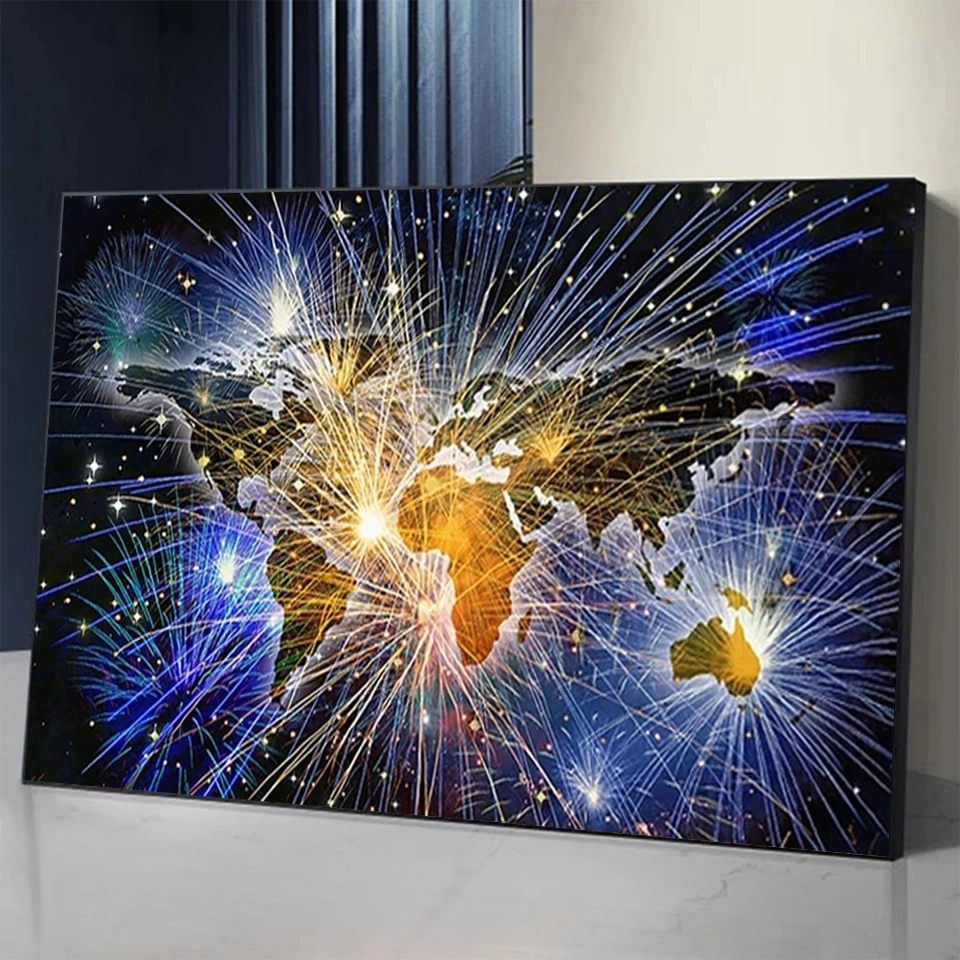 

DIY Diamond Painting Fireworks Map World 5D Diamond Mosaic Landscape Cross Stitch Kits Picture Of Rhinestone Home Decor Wall Art