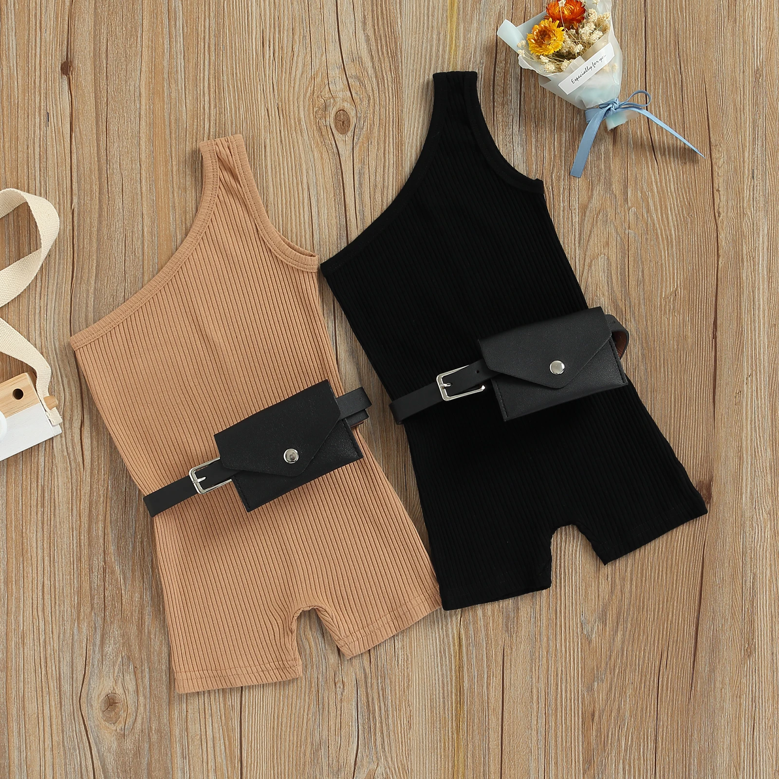 

Kid Baby Girl One Shoulder Playsuit, Oblique Shoulder Sleeveless Plain Color Romper with Belt, Casual Simple Clothes 1-6T