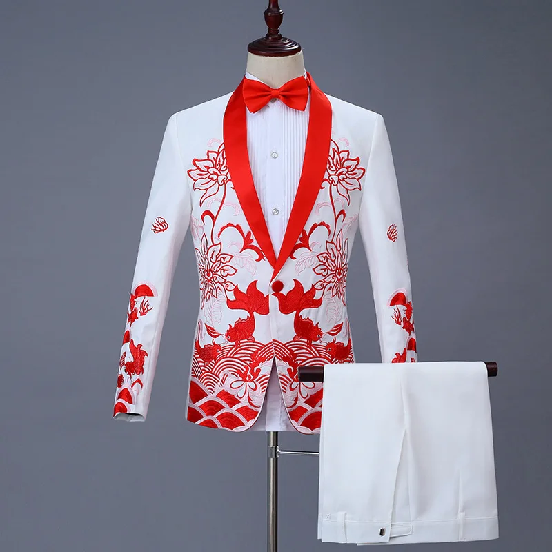

Two Piece Set Mens Suits Embroidered Suit Wedding Singer Chorus Host Banquet Performance Dress Costume Boys Blazer Pants Set 4xl