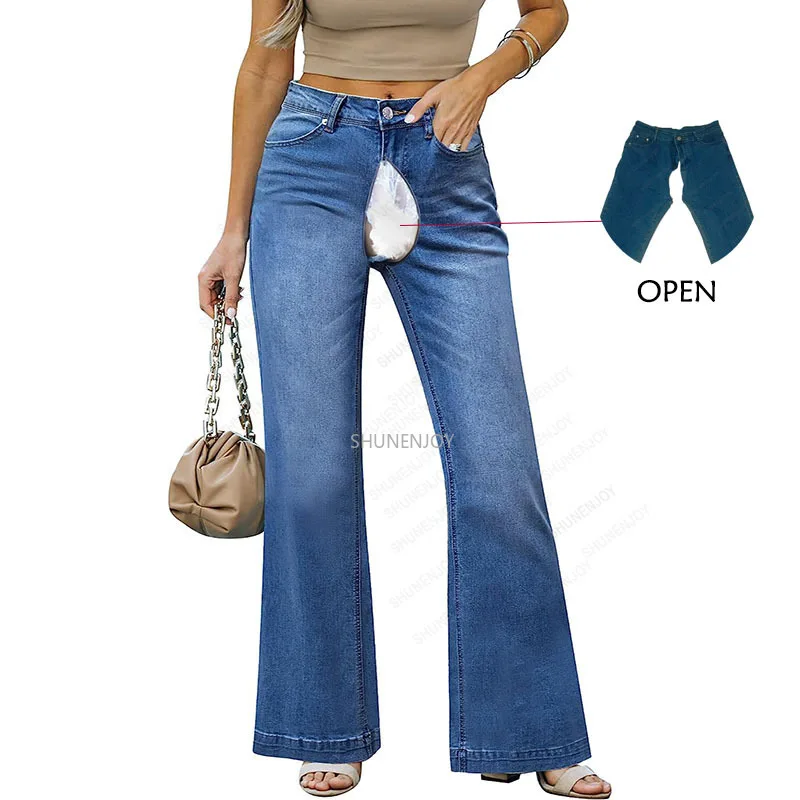 Sensual Sexy Jeans for Women Invisible Crotch Open Trousers High Waist Baggy Wide Leg Jeans Stretchy Denim Pants Y2K Outdoor Sex