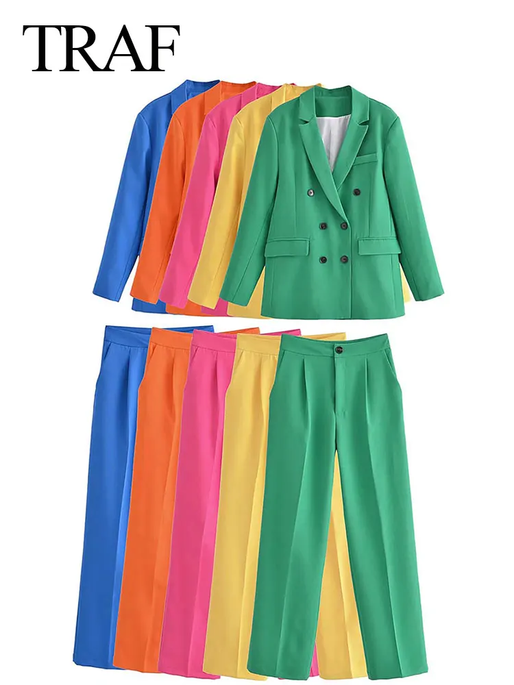 

TRAF Fashion Commuter Pants Suit Double Breasted Pocket Solid Multicolor Long Sleeve Blazer + Straight Trousers Simple Women