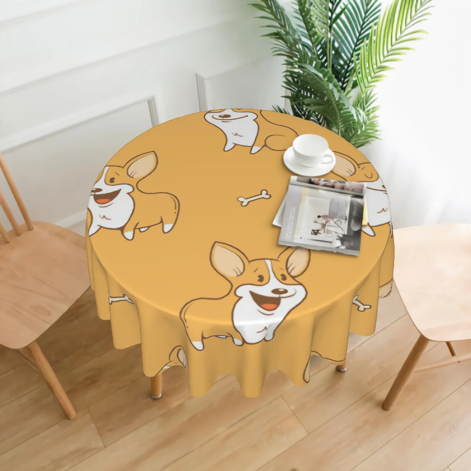 

Cute Cartoon Corgi Dogs Round Tablecloth Waterproof Little Puppies And Bones Table Cloth Wrinkle Free Decorative Tablecloths