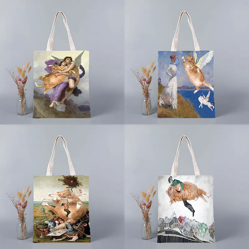 

Cats and World Famous Paintings Kawaii Bag Women Shopping Cartoon Eco Female Tote Bag College Retro Large Shoulder Shopper Bag