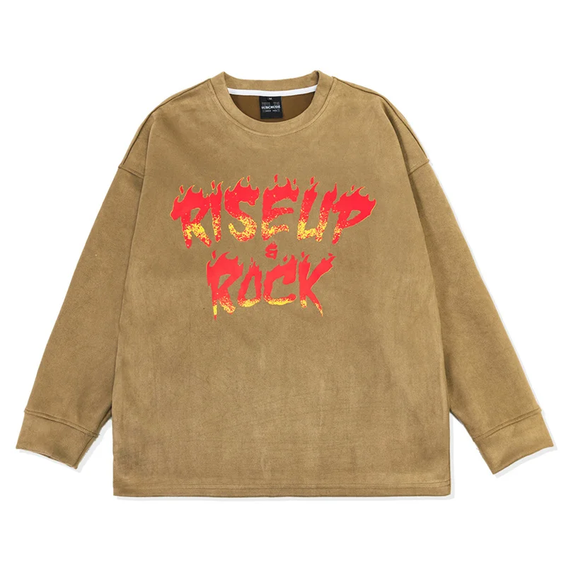 

2022 Hip Hop Vintage Sweatshirts Flame Letter Printed Suede Crewneck Hoodie Harajuku Streetwear Men Fashion Oversized Hoodies