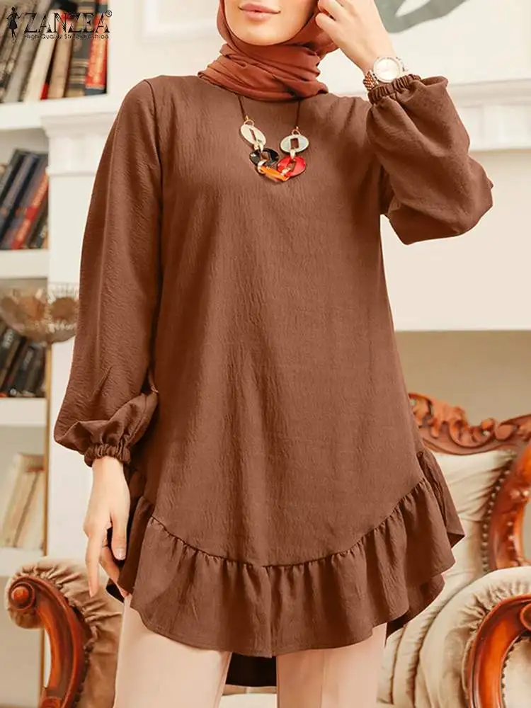 

2023 ZANZEA Long Sleeve Solid Color Chemise Spring Stylish Muslim Blouse Women Ruffles Hem Elegant Vintage Holiday Abaya Tops