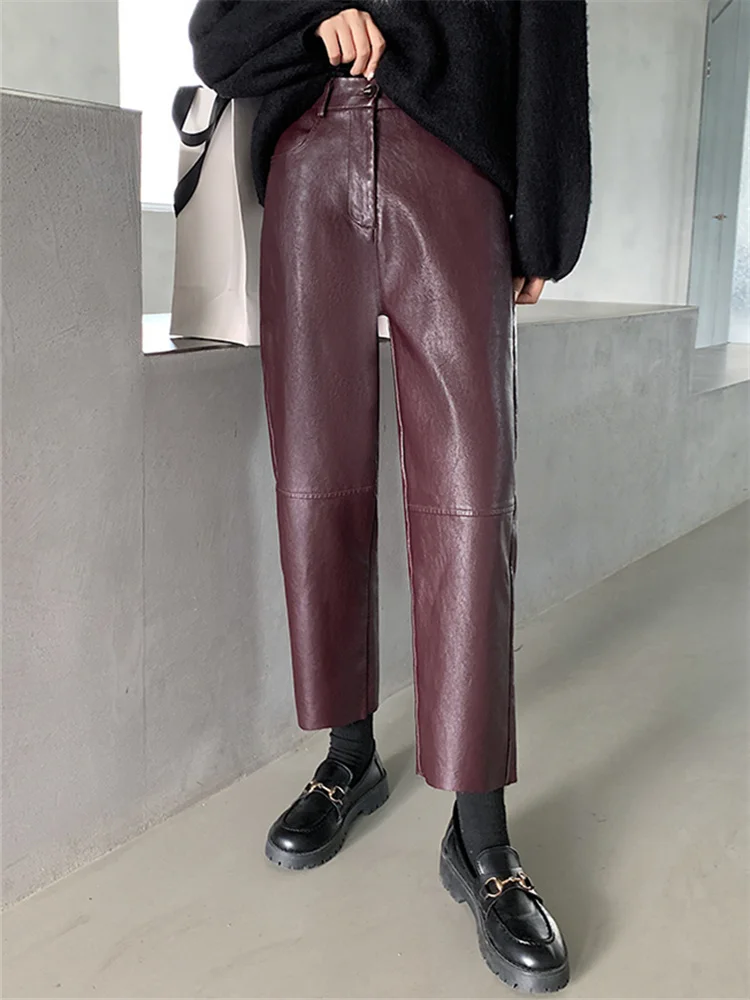 Autumn Winter PU Faux Leather Wide Leg Pants for Womens New High Waist Female Loose Street Ankle Length Trousers