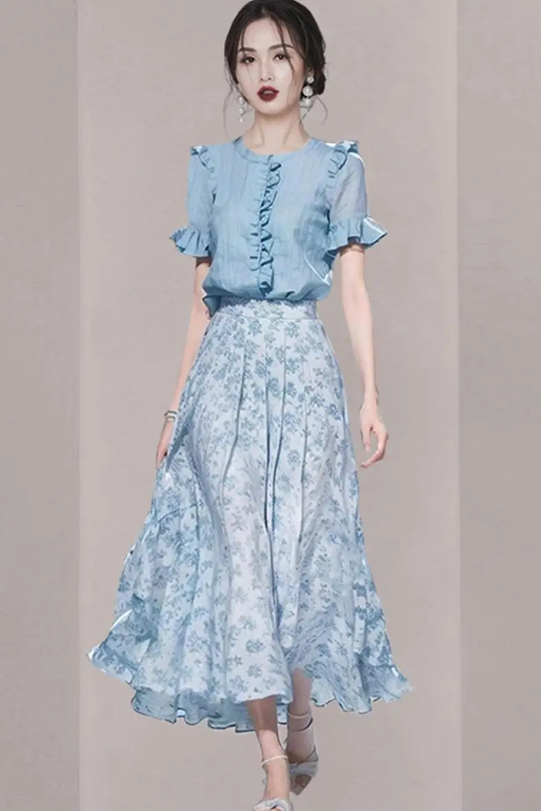 Женский костюм-двойка с принтом голубая рубашка и юбка высокой талией