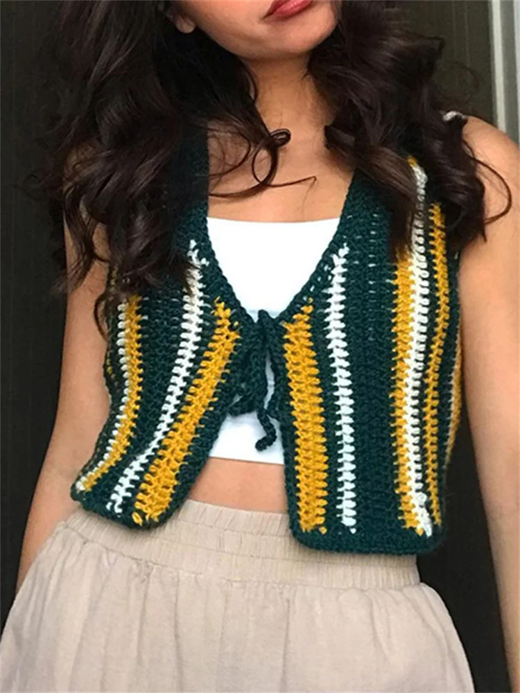 

hirigin Chic Women Summer Bandage Cardigans Vest Vitnage Striped Knitted Tie Up Tank Tops Boho Beach Female Y2K Retro Clothes
