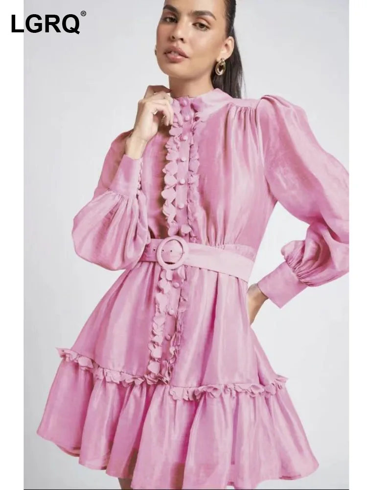 

LGRQ 2022 new summer fashion women clothes stand collar lanter full sleeves single breasted shirt dress waist belt WV82405L