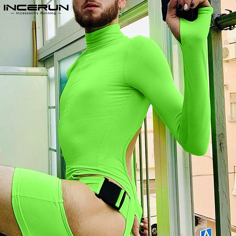 INCERUN New Men's Fashion Casual Style All-match Jumpsuits Stylish Male Solid Hollow Out Long Sleeve High Collar Bodysuits S-5XL