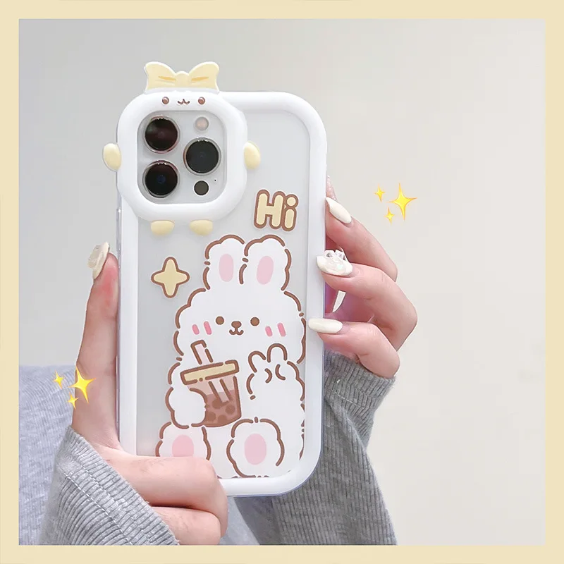 

Cute Bear Rabbit 3D Frame Phone Case For iPhone 14 12 13 11 8 7 6 Plus Pro MAX XR X XS Silicone Shockproof Shell Bumper Cover