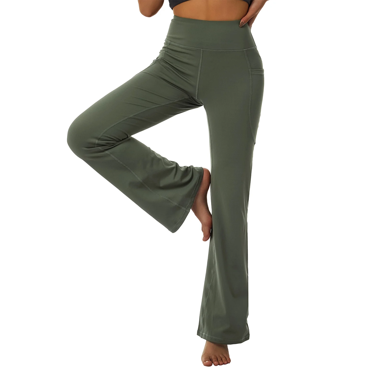

Women Flared Yoga Pants Plain Color High Waist Stretchy Side Pockets Long Trousers Ladies Slim Top Bell Bottom Casual Pants