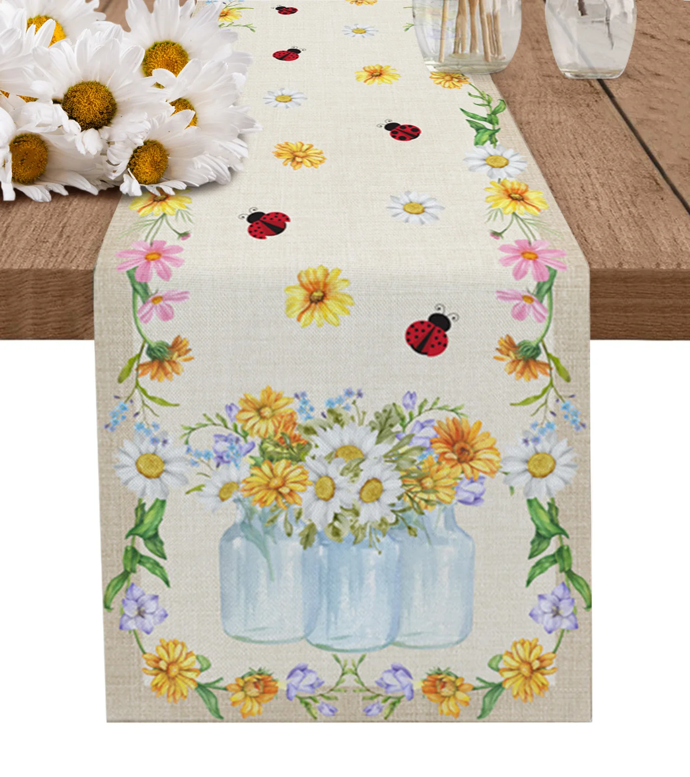 

Summer Ladybug Vase Daisy Flower Table Runner luxury Kitchen Dinner Table Cover Wedding Party Decor Cotton Linen Tablecloth